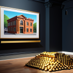 **A diverse portfolio:** A vibrant, colorful composition showcasing various alternative investments. Include a stately brick building representing real estate, a gleaming gold bar, a modern art piece on a gallery wall, and a smartphone displaying a crowdfunding platform interface. The overall impression should be of growth and security, deflecting the dark shadow of inflation creeping from a corner.