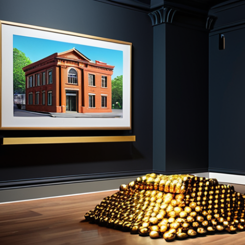 **A diverse portfolio:** A vibrant, colorful composition showcasing various alternative investments. Include a stately brick building representing real estate, a gleaming gold bar, a modern art piece on a gallery wall, and a smartphone displaying a crowdfunding platform interface. The overall impression should be of growth and security, deflecting the dark shadow of inflation creeping from a corner.