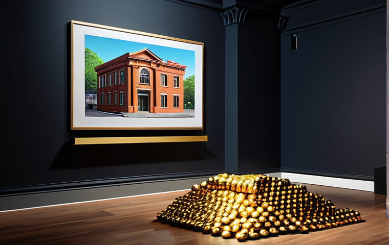 **A diverse portfolio:** A vibrant, colorful composition showcasing various alternative investments. Include a stately brick building representing real estate, a gleaming gold bar, a modern art piece on a gallery wall, and a smartphone displaying a crowdfunding platform interface. The overall impression should be of growth and security, deflecting the dark shadow of inflation creeping from a corner.